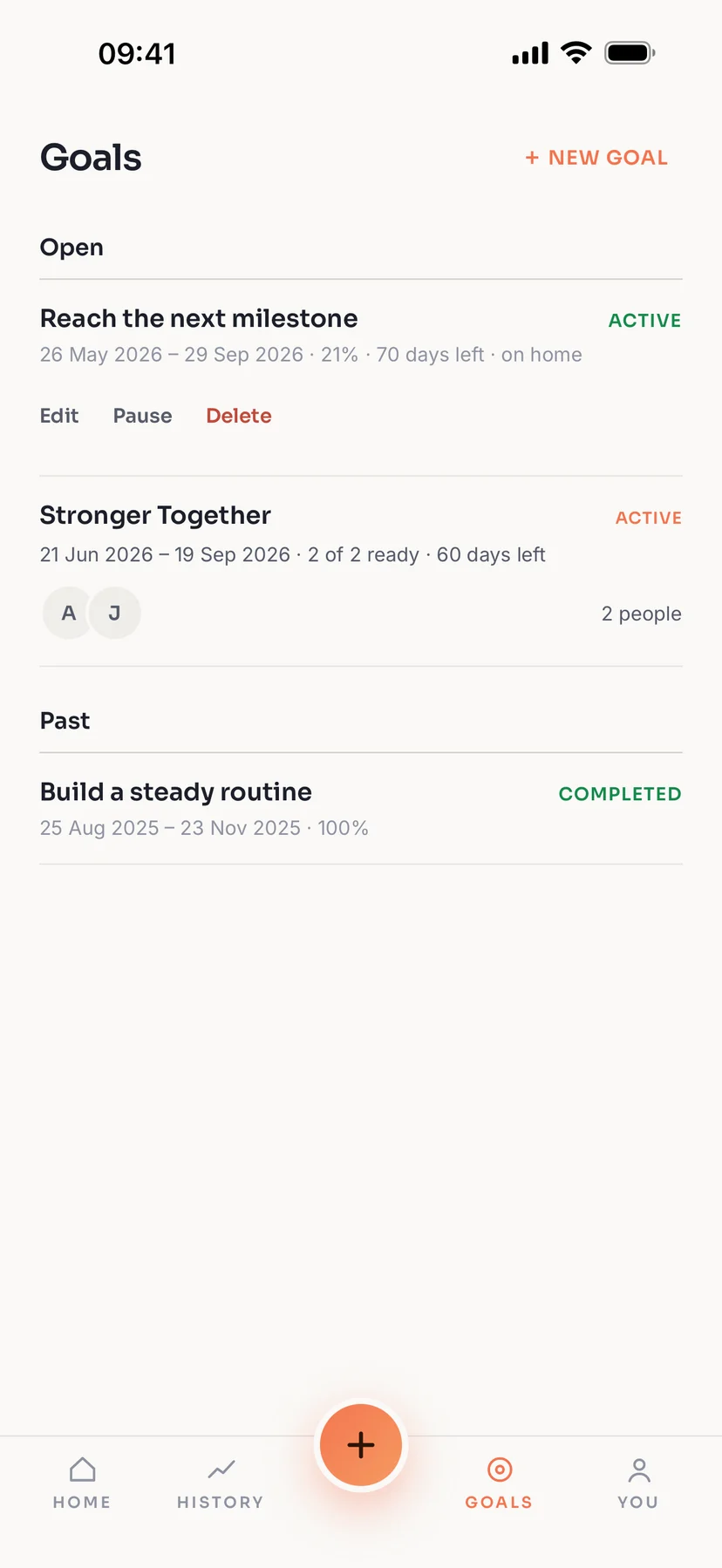 Goals list showing open personal and shared goals plus a completed goal