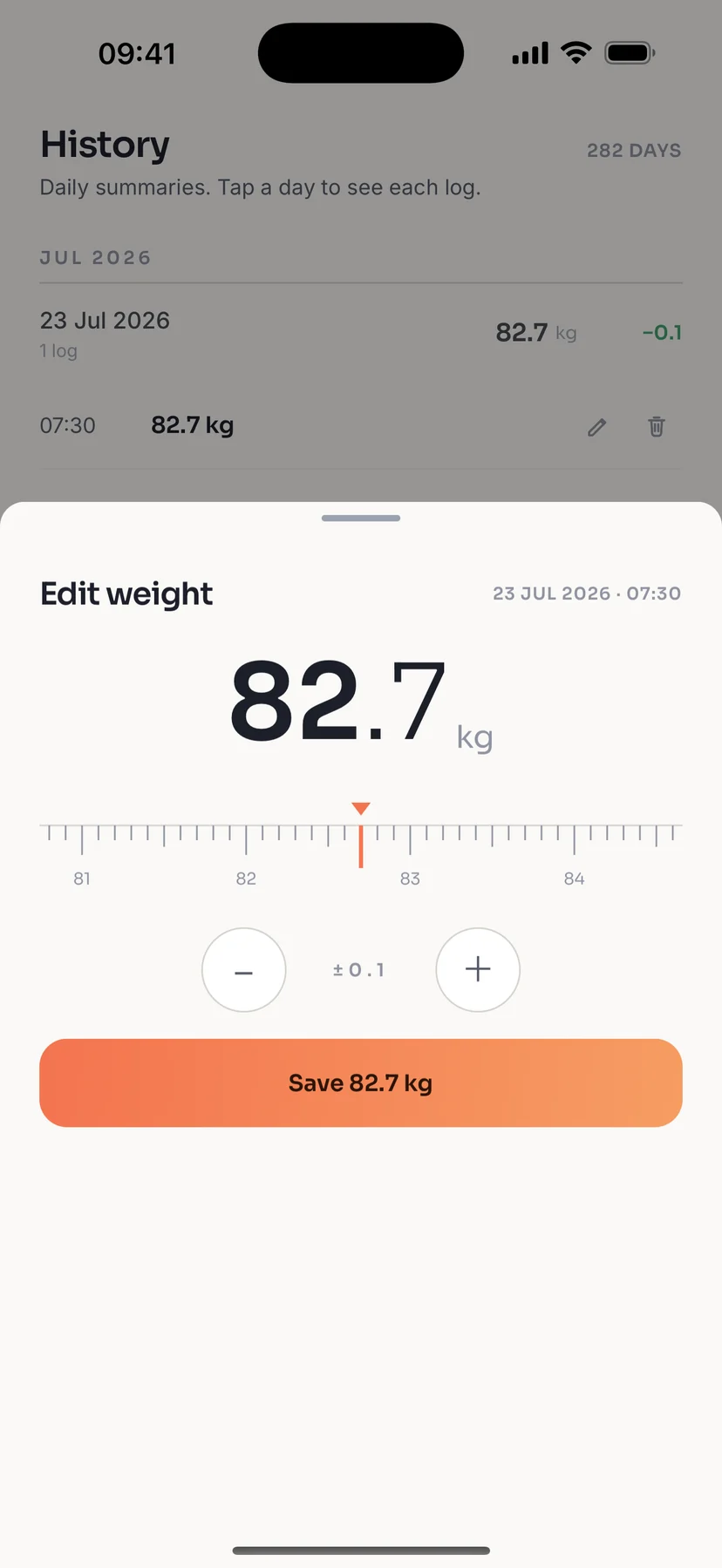 Edit weight sheet opened from an individual history record