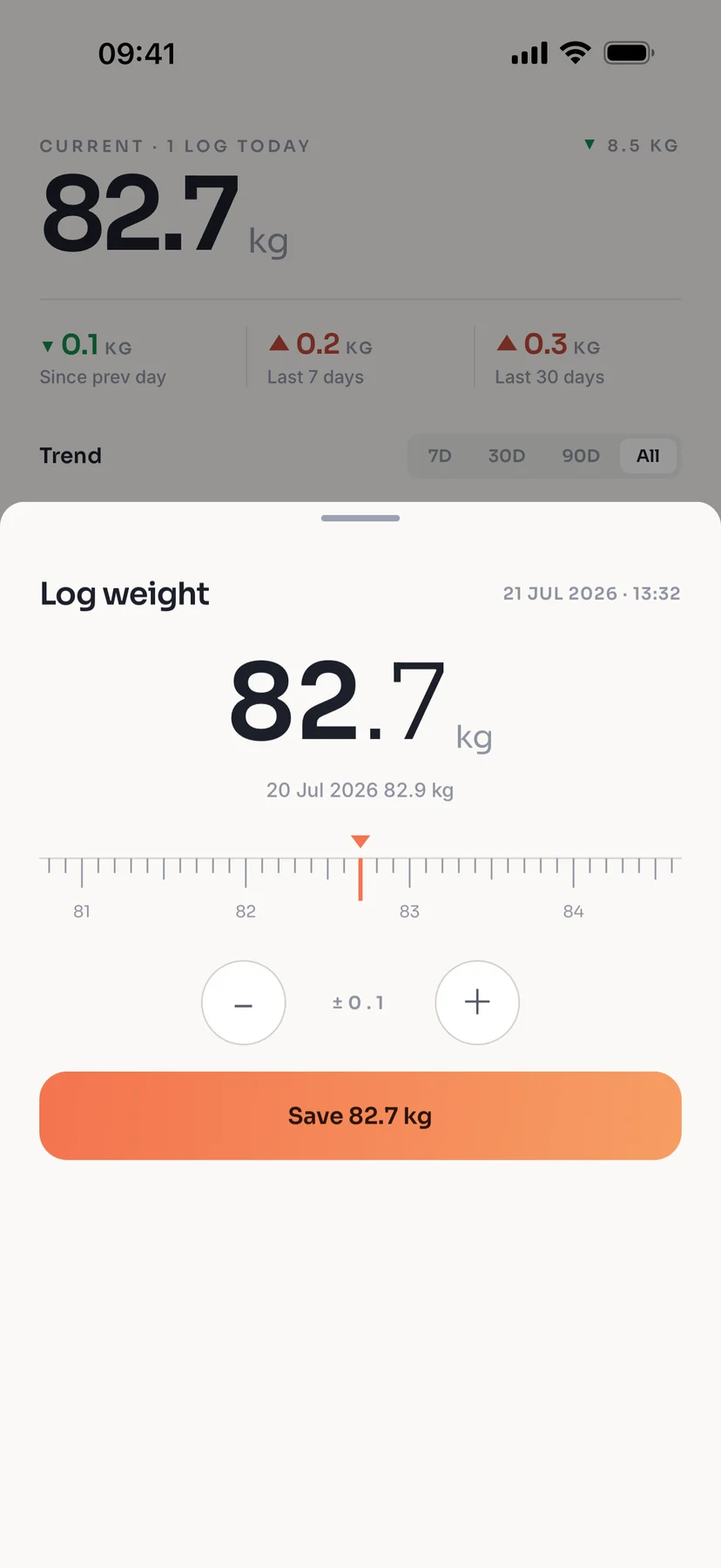 Health Journey quick log sheet with a precise weight control and a single save action